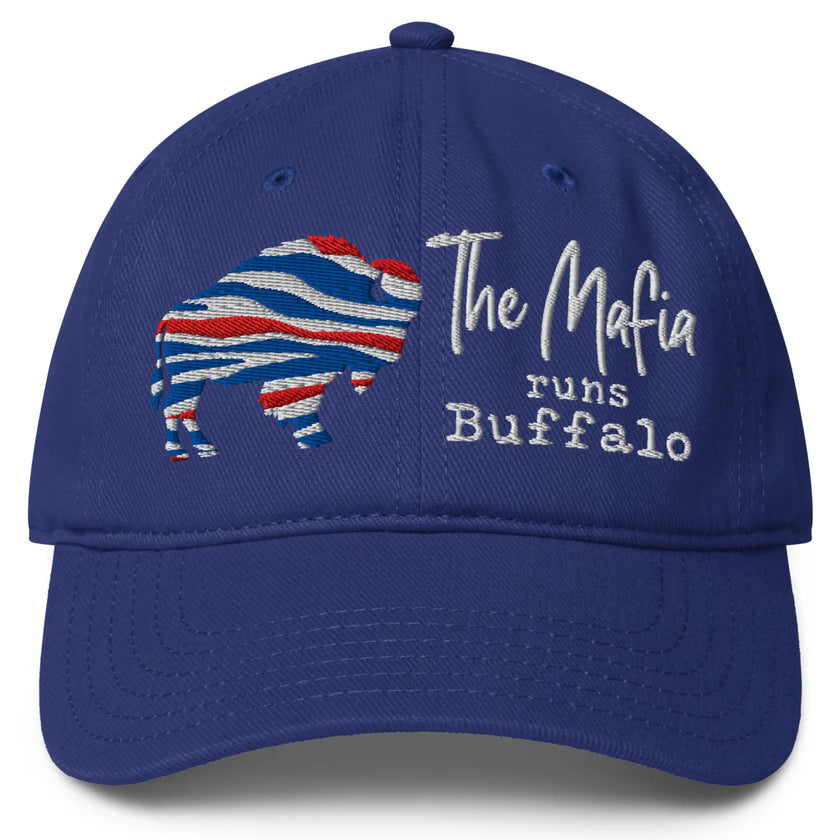 Blue Buffalo football Mafia hat featuring red white and blue striped buffalo silhouette with ‘The Mafia Runs Buffalo’ embroidered design, Buffalo football fan gear hat.