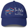 Blue Buffalo football Mafia hat featuring red white and blue striped buffalo silhouette with ‘The Mafia Runs Buffalo’ embroidered design, Buffalo football fan gear hat.