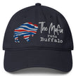 Navy Buffalo Mafia hat featuring red white and blue striped buffalo team colors silhouette and ‘The Mafia Runs Buffalo’ embroidery, Buffalo football tailgate apparel hat.