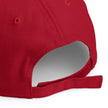 Close-up of red Buffalo football Mafia hat adjustable closure with structured fit and embroidered fan design detail.