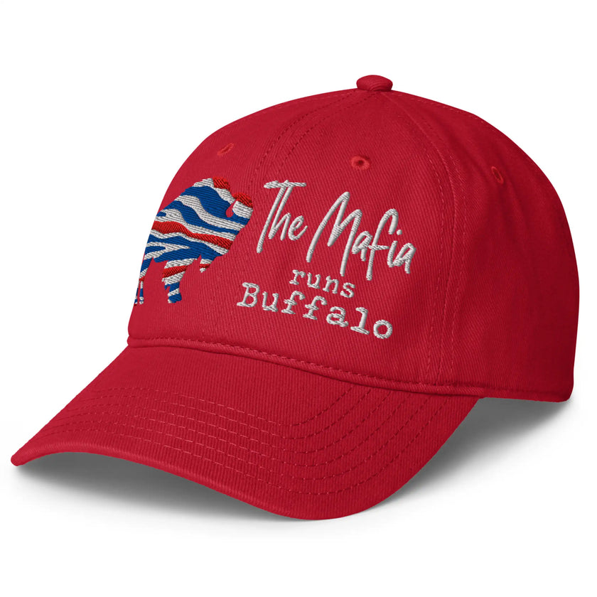 Left side view of red Buffalo football Mafia hat showing structured profile and Buffalo football embroidery design.
