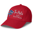 Left side view of red Buffalo football Mafia hat showing structured profile and Buffalo football embroidery design.