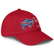 Right side view of red Buffalo football Mafia hat featuring structured cap shape and Buffalo Mafia embroidered styling.