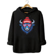 Buffalo football hoodie in black, blue buffalo mascot wearing red white blue striped sunglasses and Buffalo winter beanie, bold fan graphic hoodie.