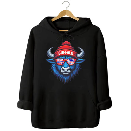 Buffalo football hoodie in black, blue buffalo mascot wearing red white blue striped sunglasses and Buffalo winter beanie, bold fan graphic hoodie.