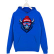 Buffalo football hoodie in blue, cool buffalo mascot with striped red white blue sunglasses and Buffalo winter hat graphic.