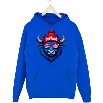 Buffalo football hoodie in blue, cool buffalo mascot with striped red white blue sunglasses and Buffalo winter hat graphic.