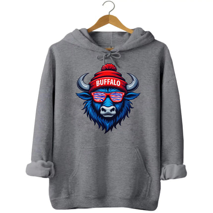 Buffalo football graphic hoodie in grey, blue buffalo mascot wearing striped team color sunglasses and Buffalo beanie design.