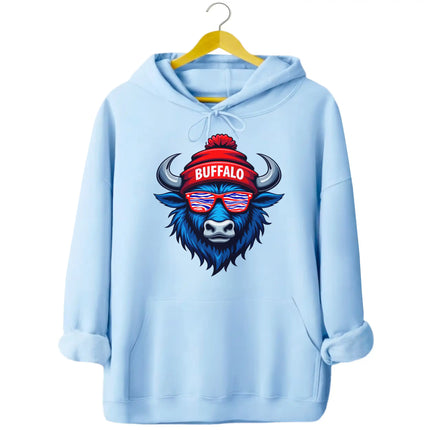 Buffalo football graphic hoodie in light blue, blue buffalo mascot wearing striped team color sunglasses and puffball Buffalo beanie.
