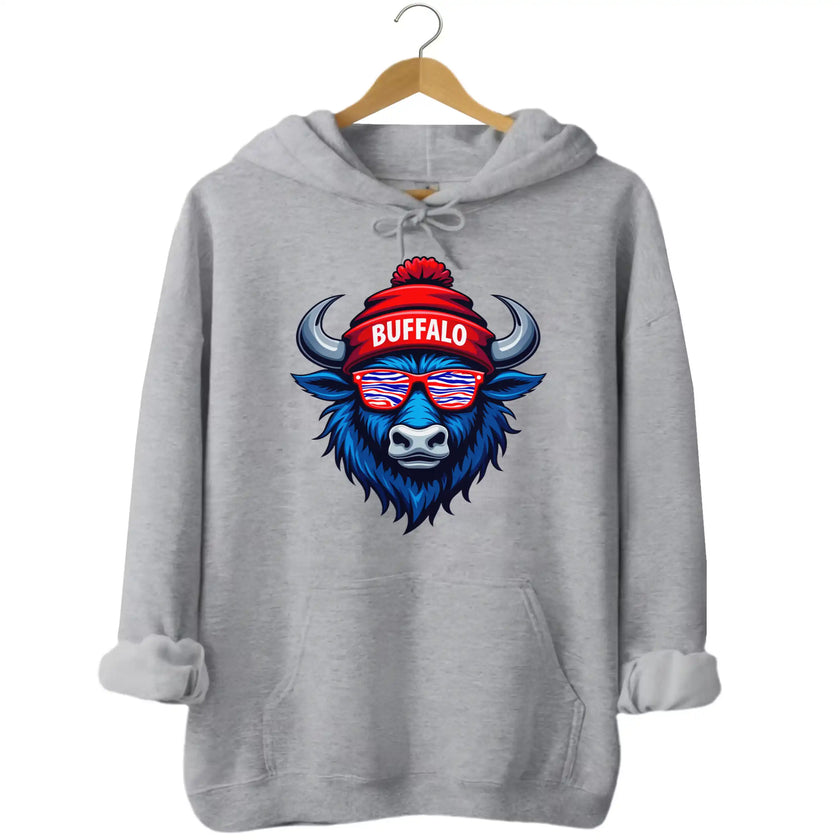Buffalo football hoodie in light grey, cool blue buffalo mascot with red white blue striped sunglasses and Buffalo winter hat.