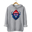 Buffalo football hoodie in light grey, cool blue buffalo mascot with red white blue striped sunglasses and Buffalo winter hat.