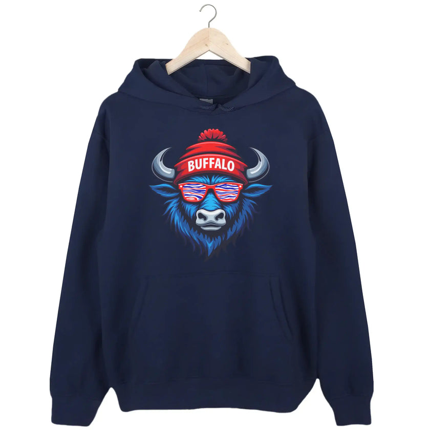 Buffalo football hoodie in navy, cool blue buffalo mascot with striped team color sunglasses and Buffalo puffball winter hat design.