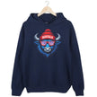 Buffalo football hoodie in navy, cool blue buffalo mascot with striped team color sunglasses and Buffalo puffball winter hat design.