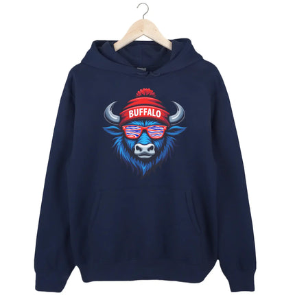 Buffalo football hoodie in navy, cool blue buffalo mascot with striped team color sunglasses and Buffalo puffball winter hat design.