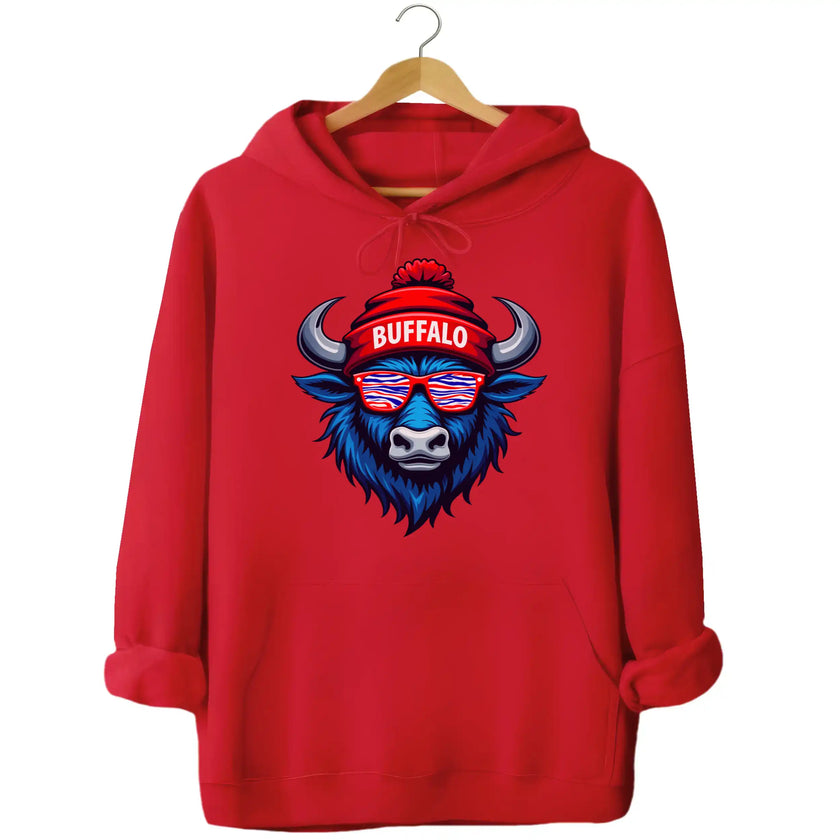 Buffalo football graphic hoodie in red, blue buffalo mascot wearing red white blue striped sunglasses and Buffalo winter beanie.