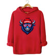 Buffalo football graphic hoodie in red, blue buffalo mascot wearing red white blue striped sunglasses and Buffalo winter beanie.