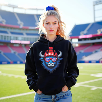 Female model wearing black Buffalo football hoodie featuring blue buffalo mascot with red white blue striped sunglasses and Buffalo winter beanie.