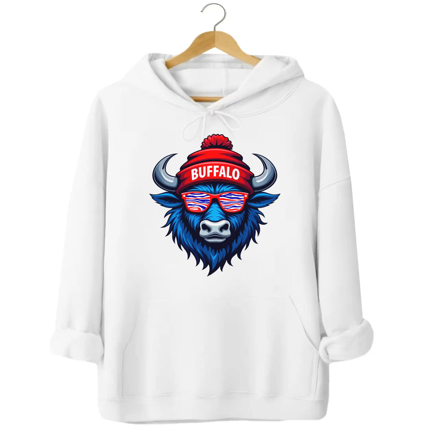 Buffalo football hoodie in white, cool blue buffalo mascot with red white blue striped sunglasses and Buffalo winter hat graphic.