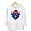 Buffalo football hoodie in white, cool blue buffalo mascot with red white blue striped sunglasses and Buffalo winter hat graphic.