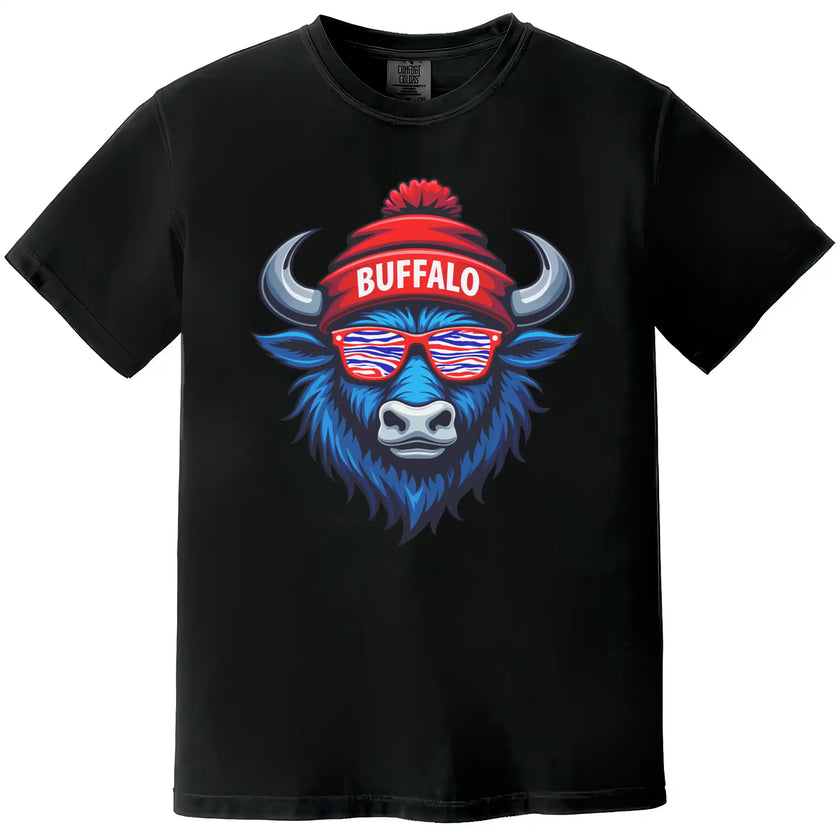 Buffalo football t-shirt in black, blue buffalo mascot wearing red white blue striped sunglasses and Buffalo winter beanie, bold fan graphic tee.