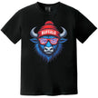 Buffalo football t-shirt in black, blue buffalo mascot wearing red white blue striped sunglasses and Buffalo winter beanie, bold fan graphic tee.