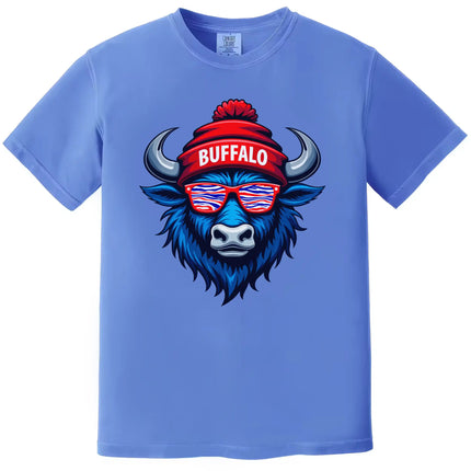 Blue buffalo mascot football shirt with zebra-stripe sunglasses and puffball winter hat. Playful retro fan look.