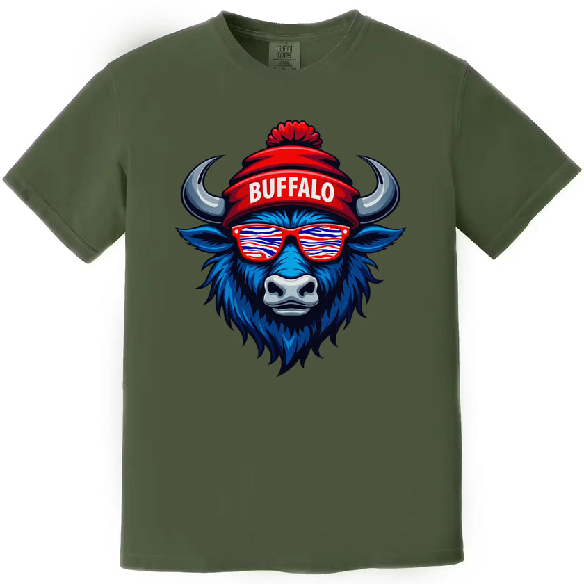 Green buffalo mascot football shirt with zebra-stripe sunglasses and puffball winter hat. Fun football weekend style.
