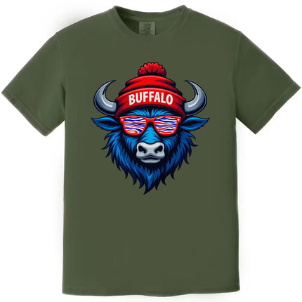 Green buffalo mascot football shirt with zebra-stripe sunglasses and puffball winter hat. Fun football weekend style.