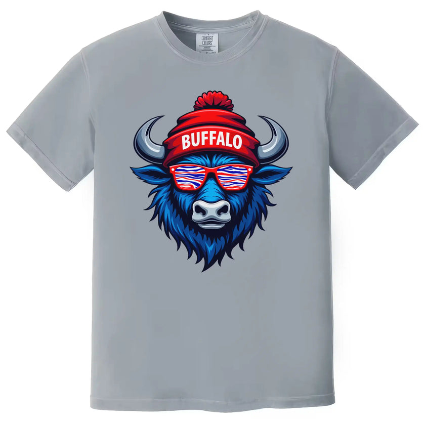 Gray buffalo mascot football shirt with zebra-stripe sunglasses and puffball winter hat. Casual fan style for game day.