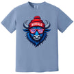 Buffalo football t-shirt in light blue, blue buffalo mascot wearing red white blue striped sunglasses and puffball Buffalo beanie.