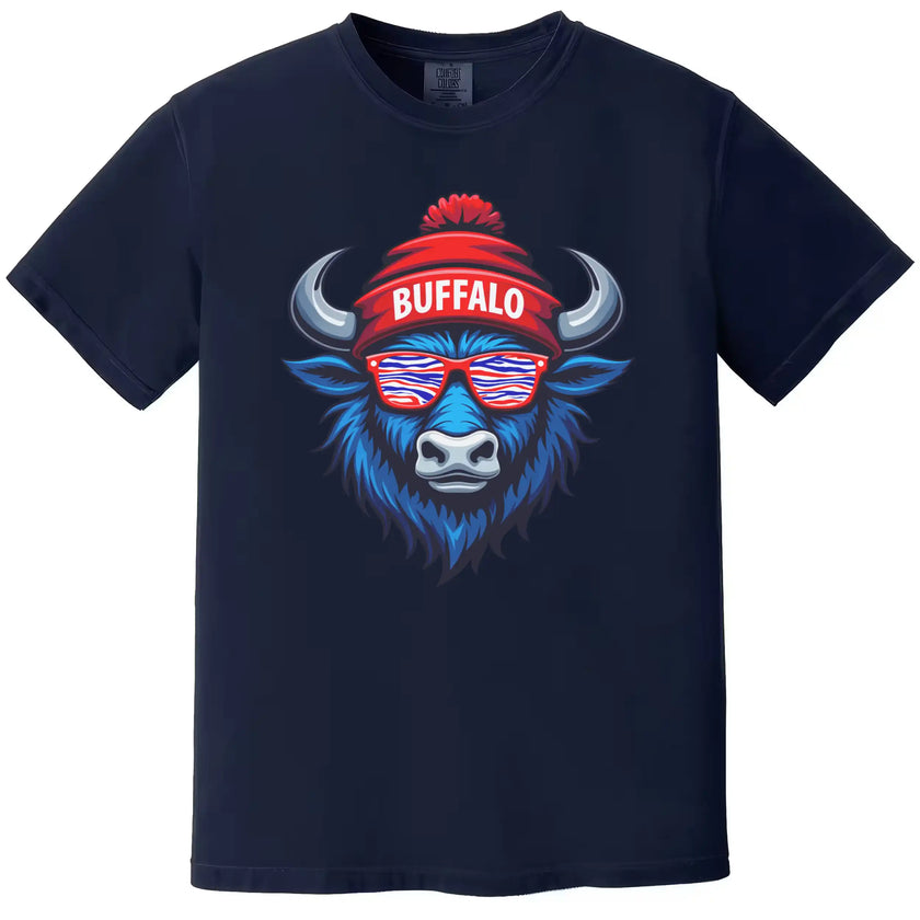 Buffalo football graphic tee in navy, cool blue buffalo mascot with striped team color sunglasses and Buffalo winter hat design.