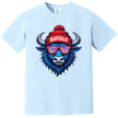 Buffalo football graphic shirt in pastel blue, cool buffalo mascot with striped red white blue sunglasses and Buffalo winter hat.