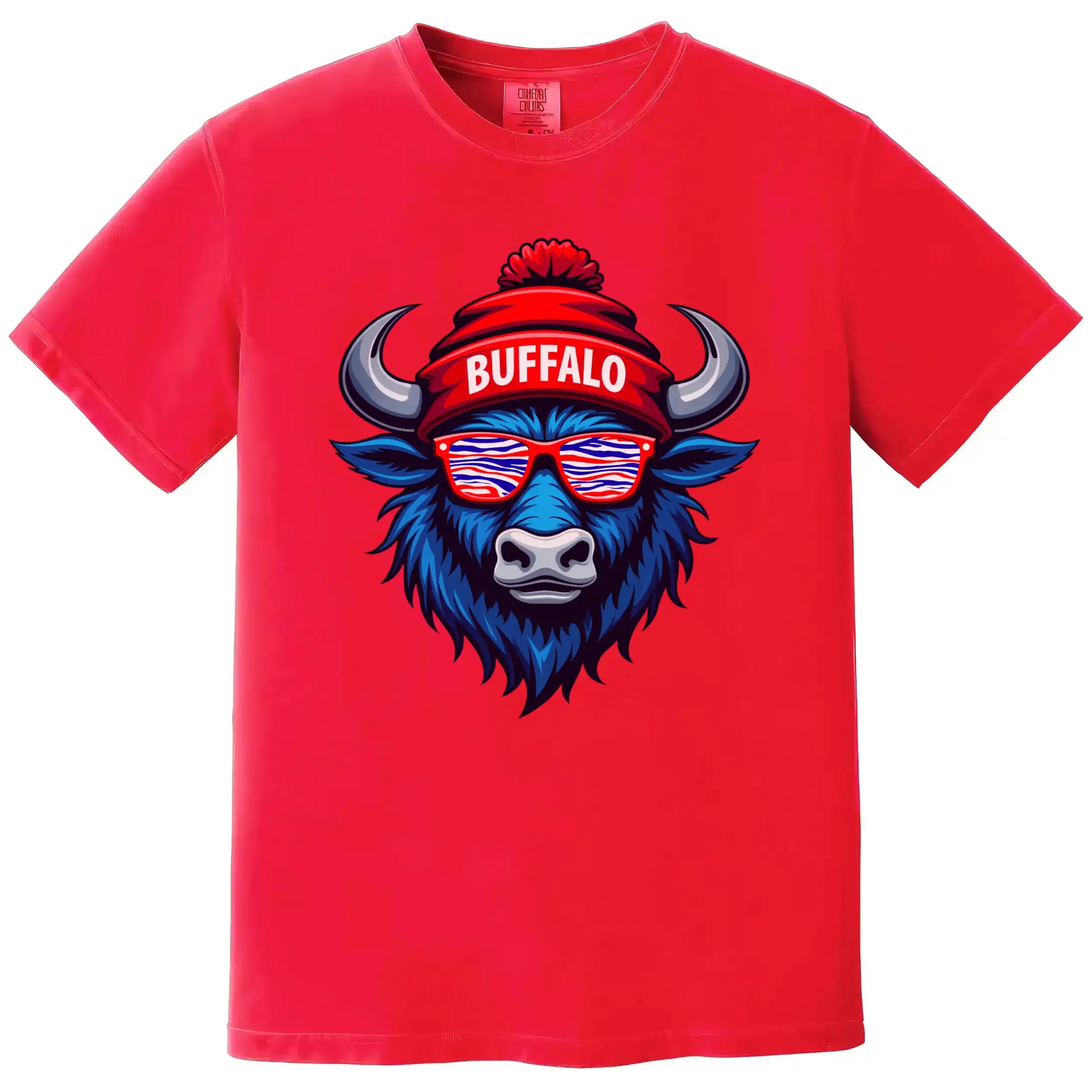 Red buffalo mascot football shirt with zebra-stripe sunglasses and puffball winter hat. Trendy fan style for game day.
