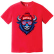 Red buffalo mascot football shirt with zebra-stripe sunglasses and puffball winter hat. Trendy fan style for game day.
