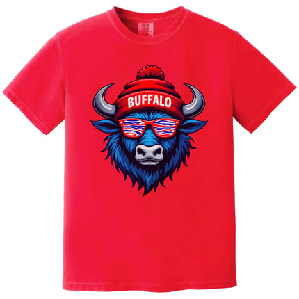 Red buffalo mascot football shirt with zebra-stripe sunglasses and puffball winter hat. Trendy fan style for game day.