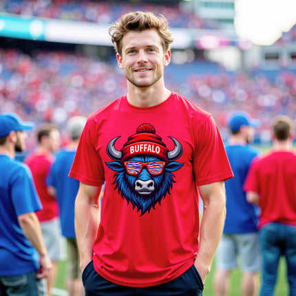 Male model weraing red buffalo mascot football shirt with zebra-stripe sunglasses and puffball winter hat. Bold fan style for men at the game.