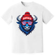 White buffalo mascot football shirt with zebra-stripe sunglasses and puffball winter hat. Clean throwback fan style.