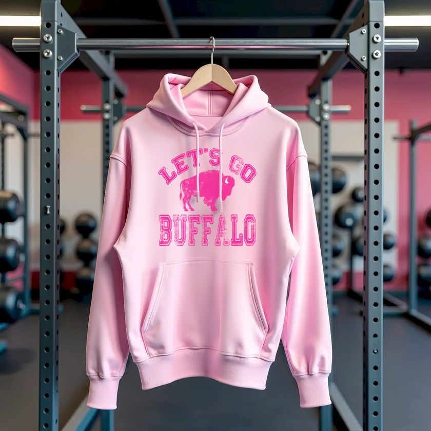 Modern pink let's go Buffalo graphic hoodie displayed in a clean athletic gym setting.