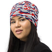 Woman wearing a Buffalo football camouflage beanie viewed from the left, showcasing the cozy knit texture and bold outdoor-inspired fan style.