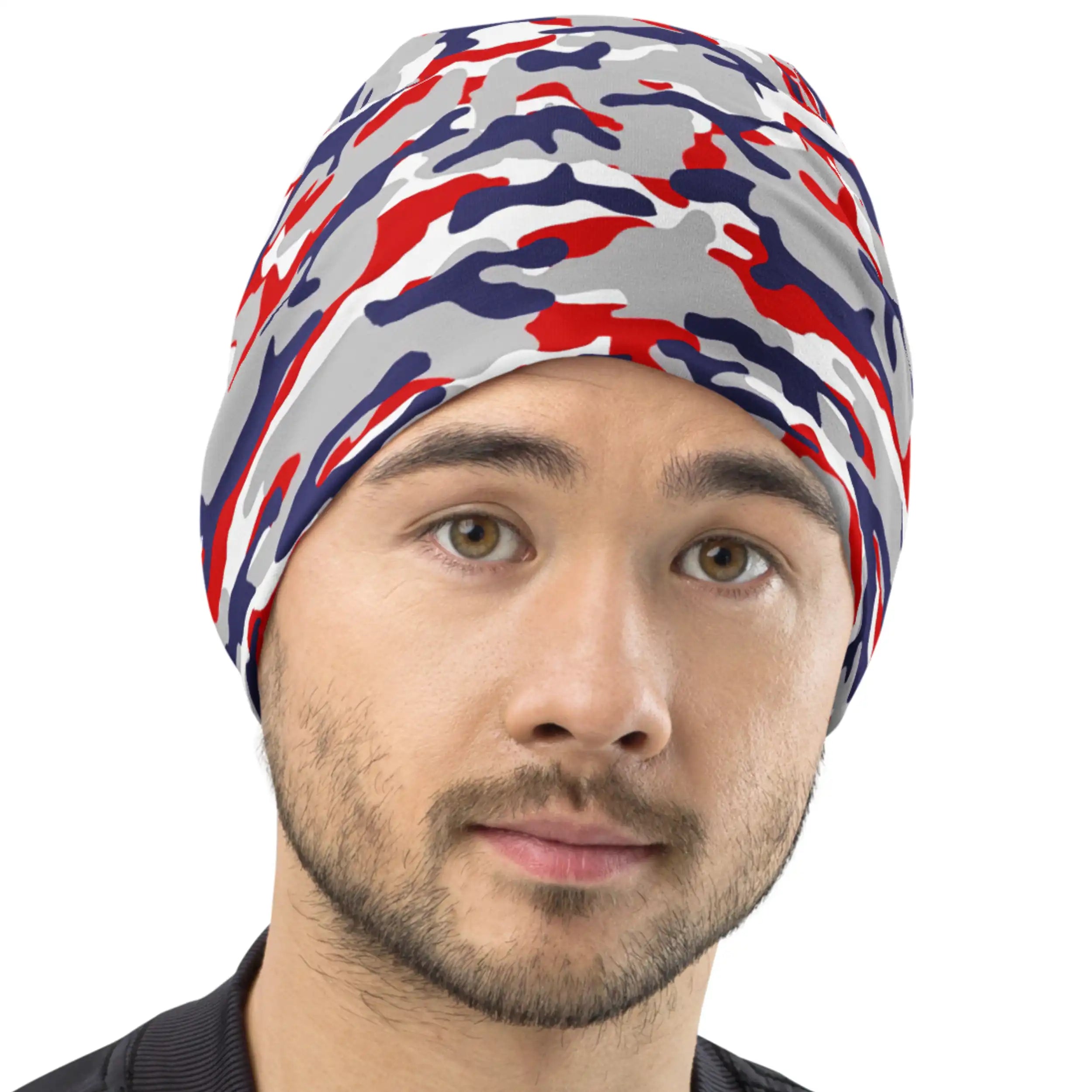 Man wearing a Buffalo football camouflage beanie, combining rugged outdoor-inspired style with cozy game-day Buffalo fan apparel.