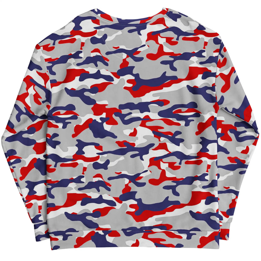 Flat lay back view of Buffalo football sweatshirt showcasing the unique red white blue and grey camouflage design in an eye-catching original pattern.