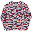Flat lay back view of Buffalo football sweatshirt showcasing the unique red white blue and grey camouflage design in an eye-catching original pattern.