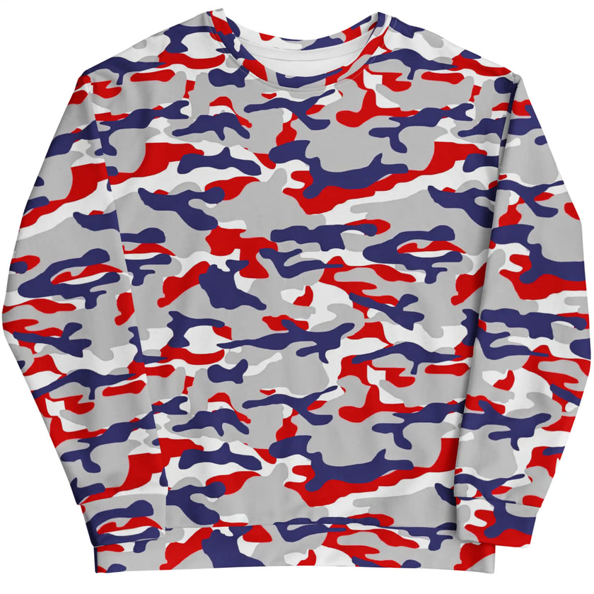 Flat lay front of Buffalo football camouflage sweatshirt featuring an original red white blue and grey team-color camo pattern, bold statement fan apparel with standout style.