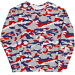 Flat lay front of Buffalo football camouflage sweatshirt featuring an original red white blue and grey team-color camo pattern, bold statement fan apparel with standout style.
