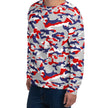 Man posing in an original Buffalo football camouflage sweatshirt featuring bold red white blue and grey team colors, confident statement style for Buffalo fans.