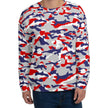 Man wearing a Buffalo football camo sweatshirt featuring the original red white blue and grey camouflage pattern, bold casual fanwear for showing team pride.