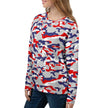 Left side view of woman wearing a Buffalo football camouflage sweatshirt with bold red white blue and grey pattern, unique casual fanwear designed to stand out