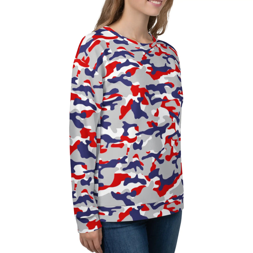 Right side view of woman wearing an original Buffalo football camo sweatshirt featuring the signature team-color camouflage design and bold Buffalo fan style.