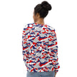 Back view of woman wearing a Buffalo football camo sweatshirt showcasing the distinctive original team-color camouflage pattern in red white blue and grey