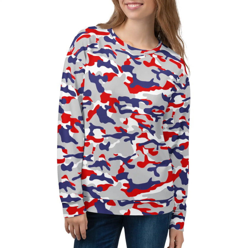 Woman wearing a Buffalo football camouflage sweatshirt featuring the original red white blue and grey team-color pattern, bold fan fashion with a unique standout look.